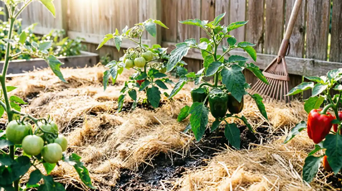 Vegetable garden mulched with dried grass clippings around tomato plants