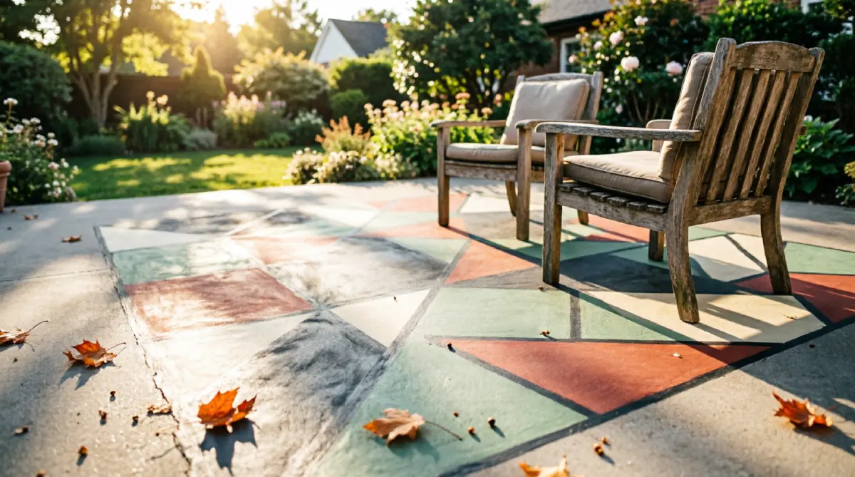 Painted geometric pattern defining a conversation area on a concrete patio