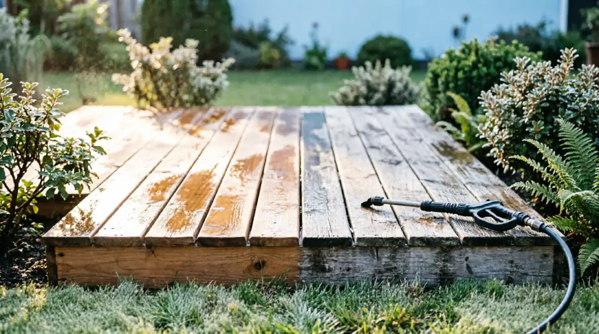 Partially pressure washed deck showing contrast between cleaned and weathered wood
