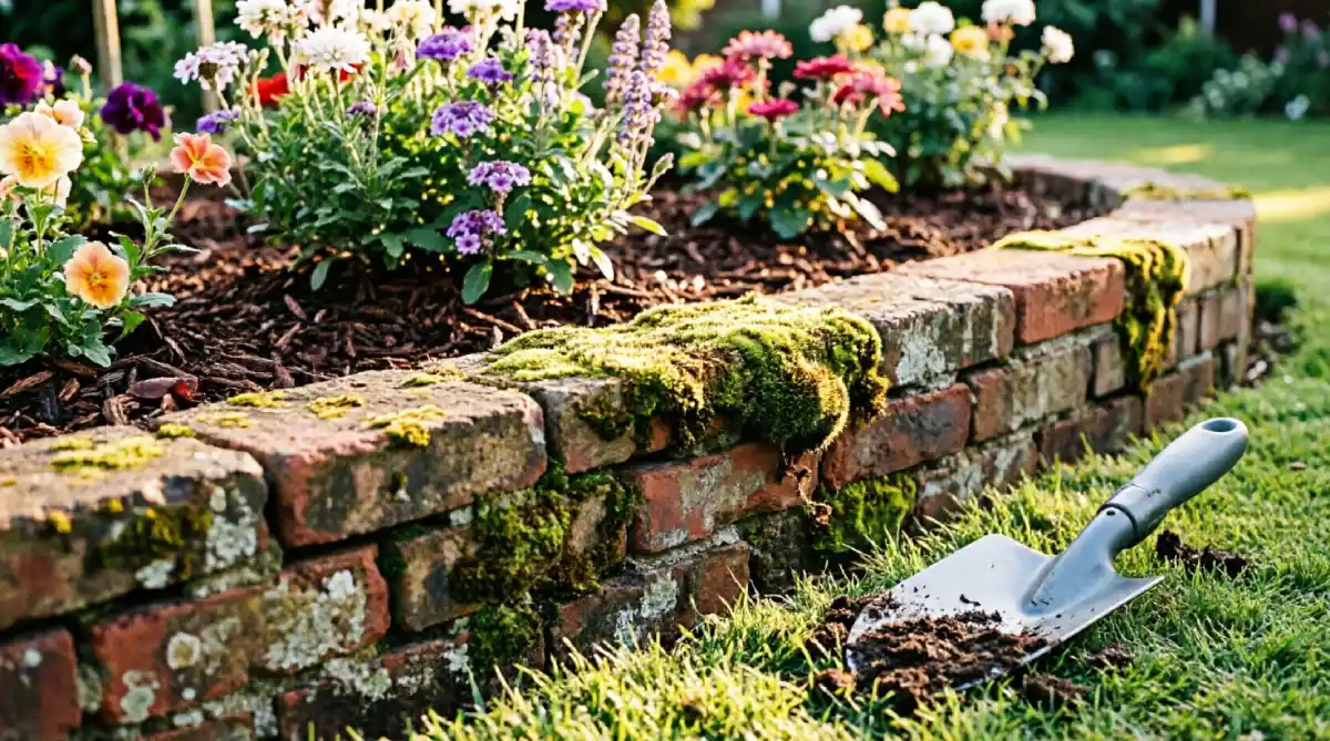 Garden bed bordered with reclaimed bricks and found stones