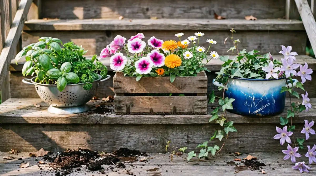 Herbs and flowers growing in repurposed colander, crate, and enamel pot on steps