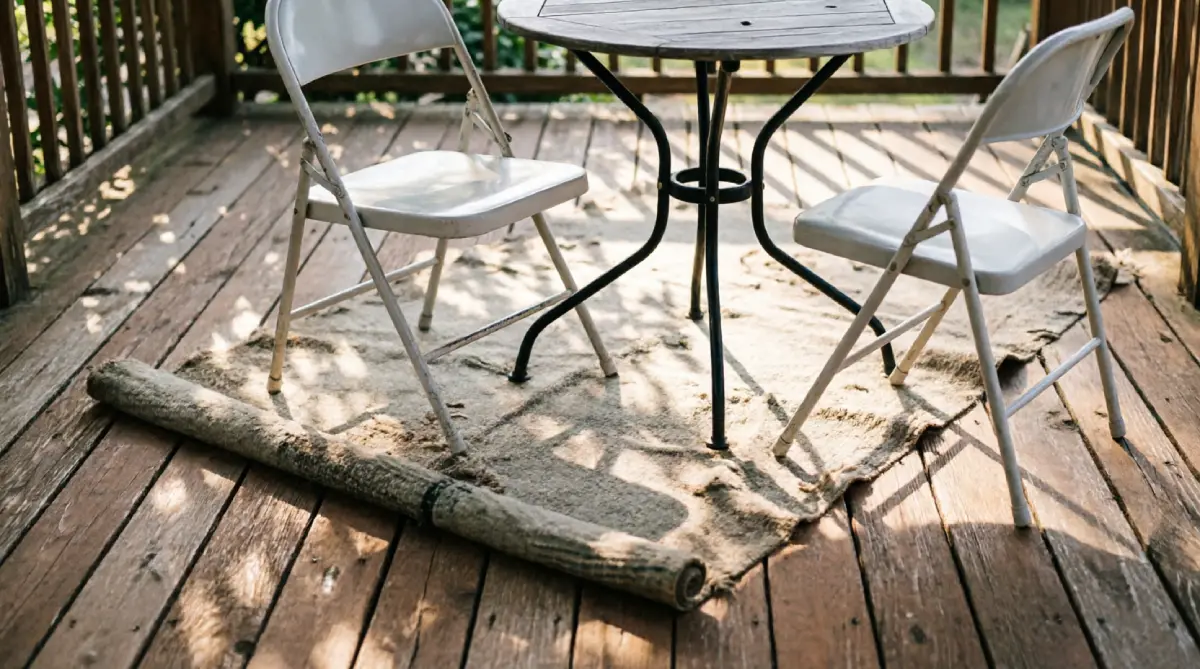 Worn cotton rug repurposed on a covered porch with bistro table and chairs