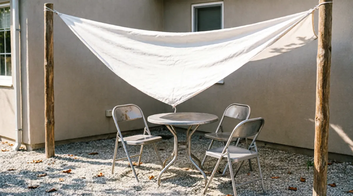 White shade sail providing sun protection over a small patio seating area