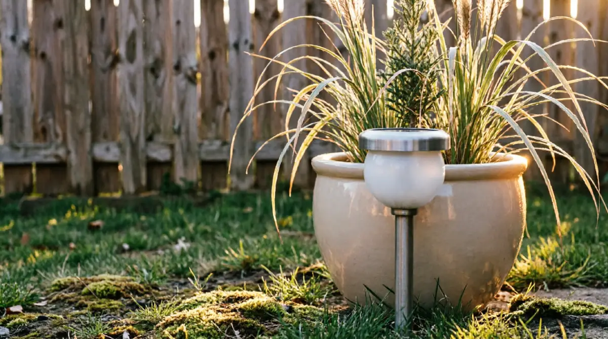 Solar path light placed behind a planter creating backlit glow on a patio