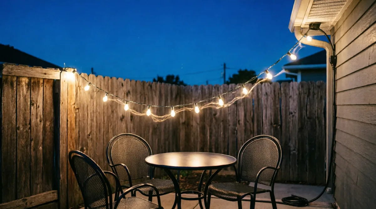 String lights draped across a backyard seating area at twilight