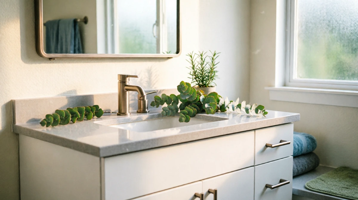 White bathroom vanity with brushed nickel hardware and a reflective chrome faucet, bright summer light