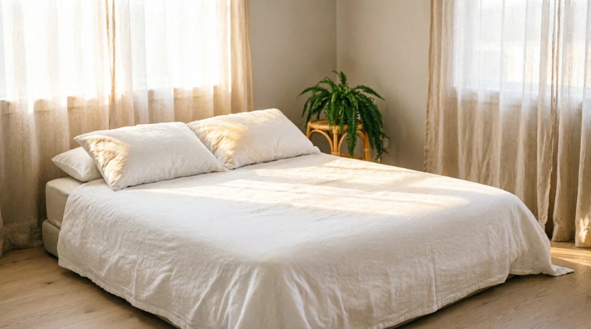 Minimalist bed with thin white coverlet for a budget summer bedroom refresh