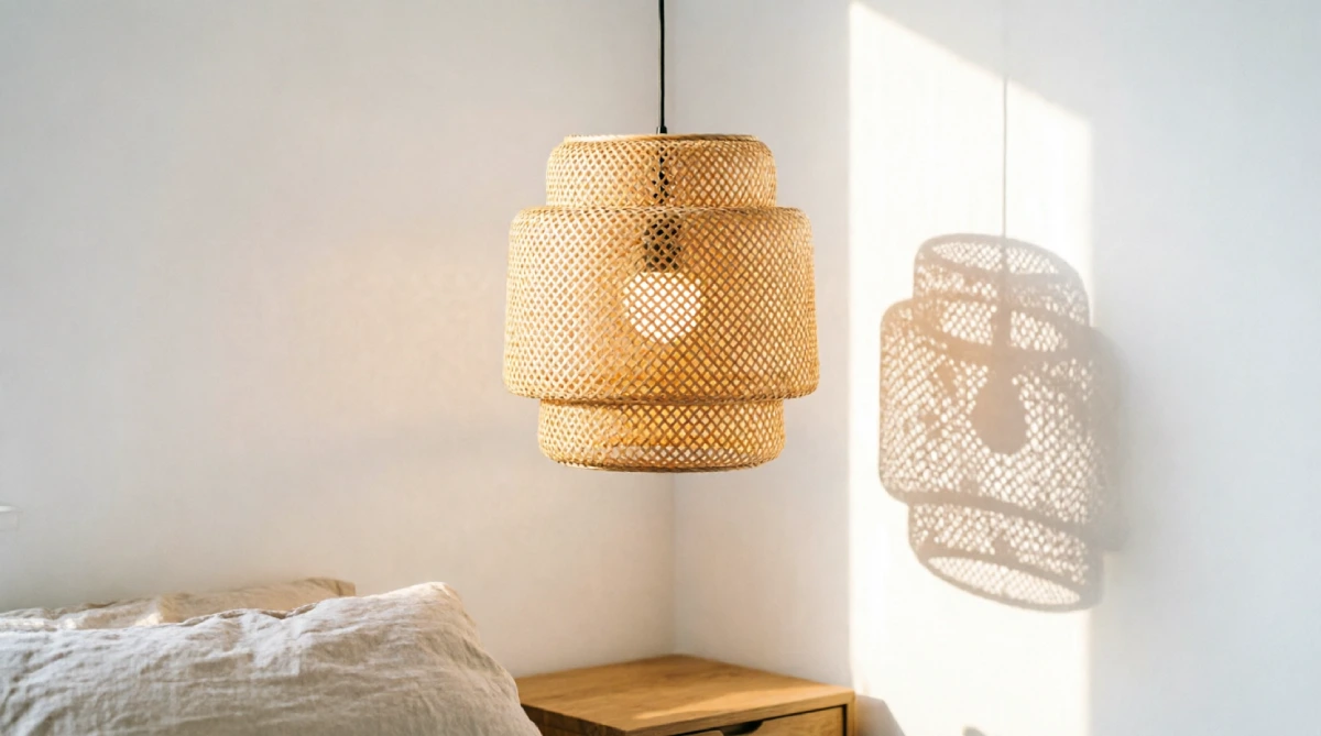 Rattan pendant light adding natural texture to a budget summer bedroom makeover
