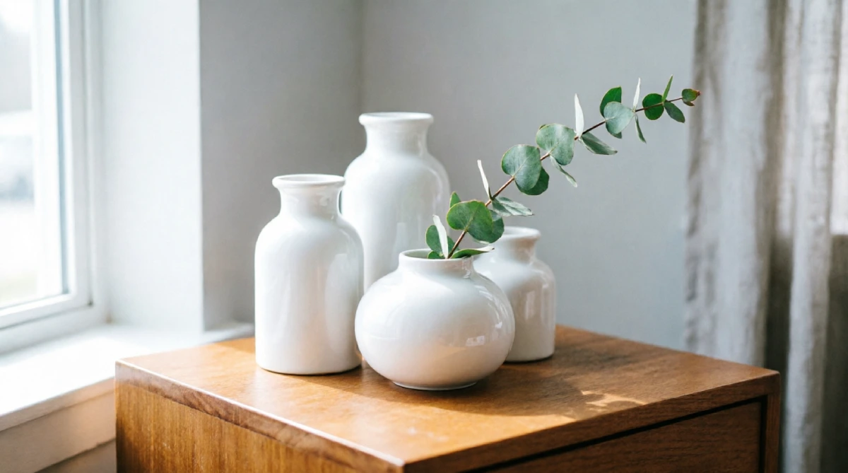 White ceramic vases on nightstand providing a budget summer bedroom surface styling idea