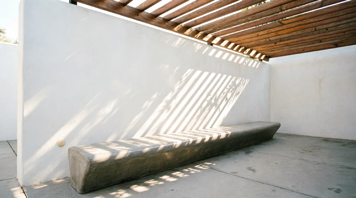 A modern courtyard with a minimalist built-in concrete bench.
