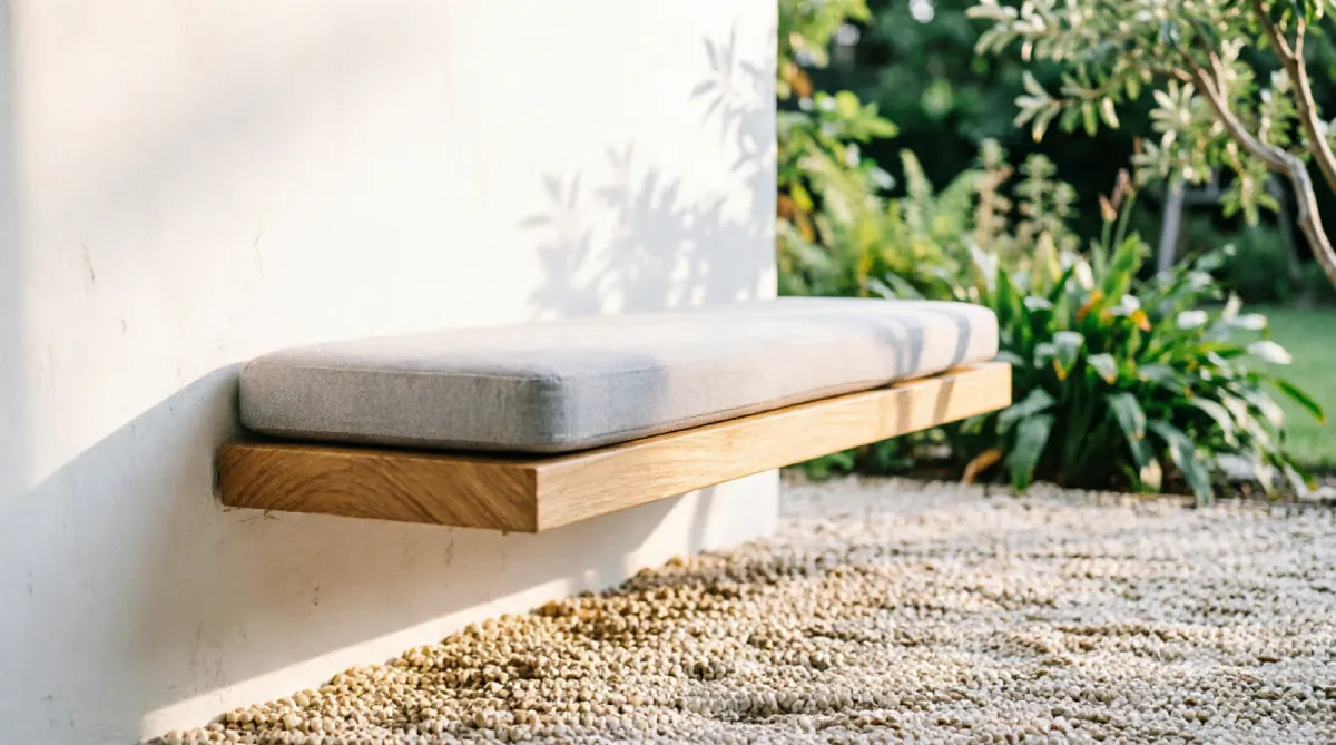 Built-in wooden bench in a minimal outdoor space, clean and seamless.