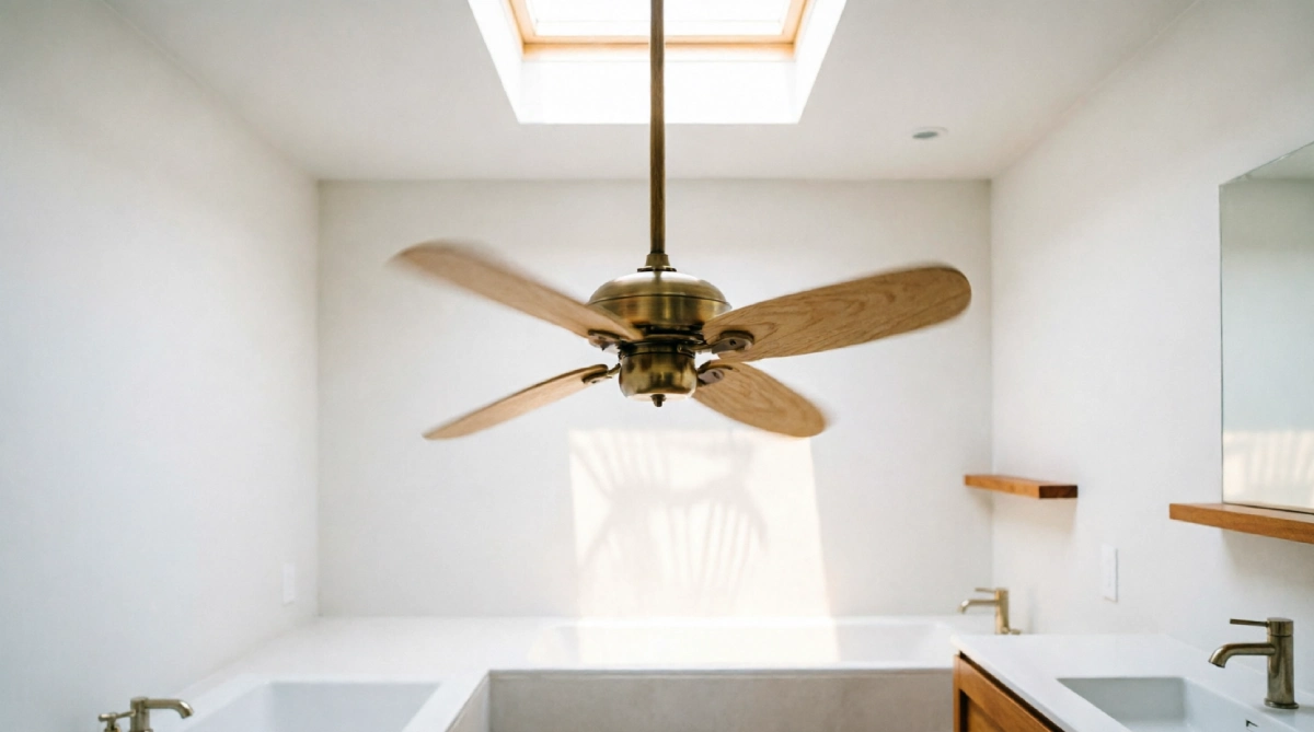Small ceiling fan cooling a modern summer bathroom with natural daylight