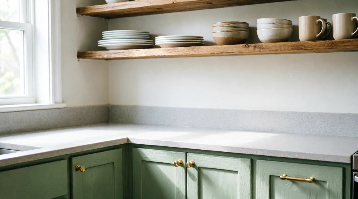 Light chalk-painted cabinets refreshing a budget summer kitchen and reducing visual heat