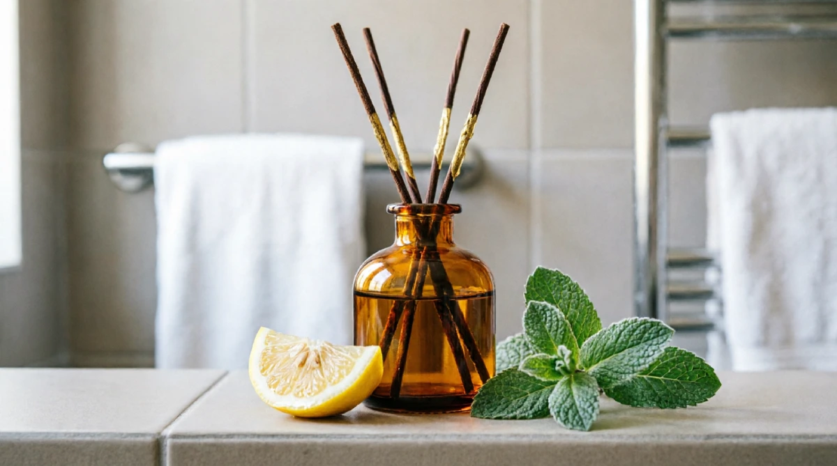 Reed diffuser with fresh mint and lemon on a bathroom shelf, bright summer styling