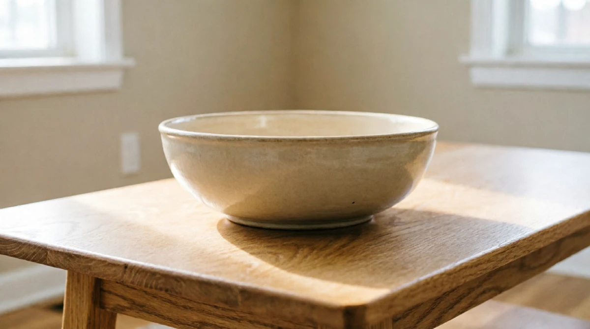 Clean coffee table with one ceramic bowl in a minimalist summer living room