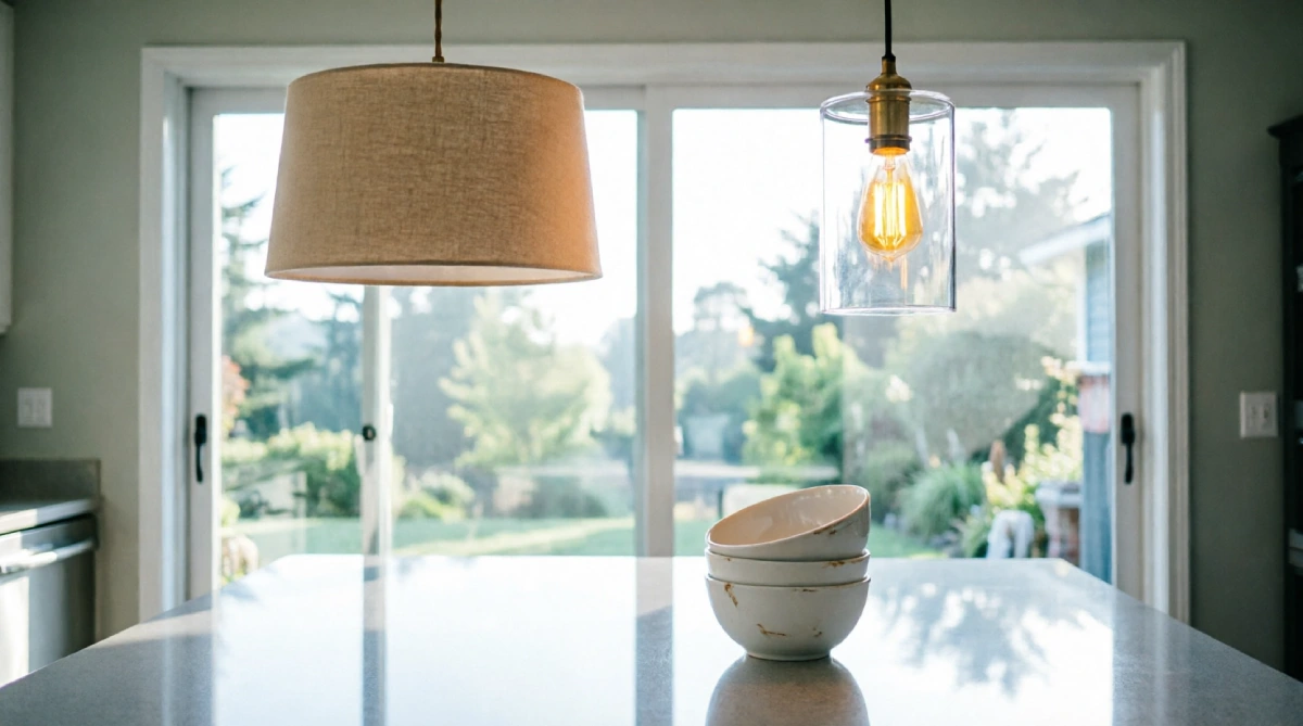 Clear glass pendant lights replacing heavy fabric drum shades over a kitchen island