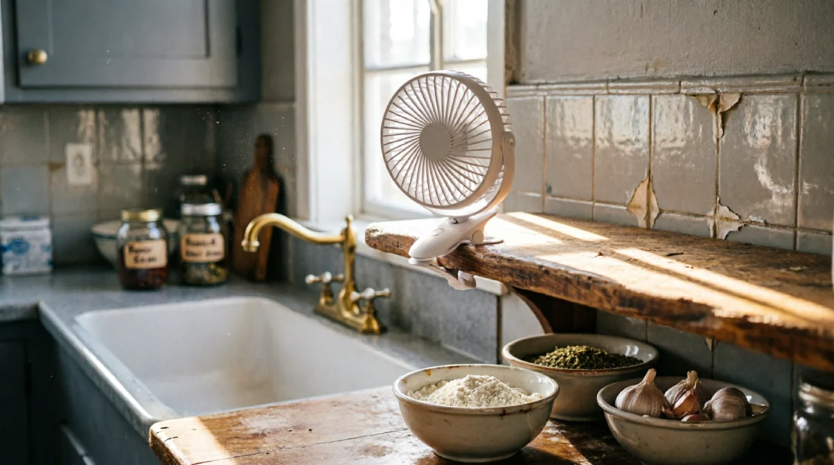 Clip-on fan providing personal cooling to a budget summer kitchen workspace without raising energy bills