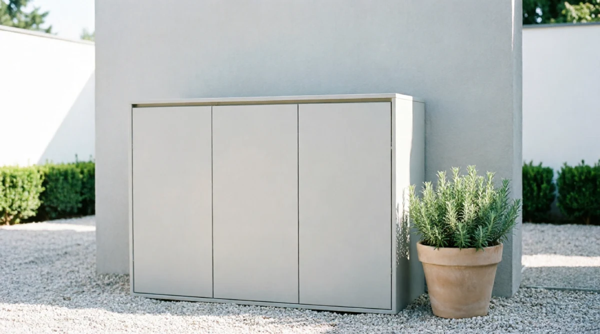 outdoor storage blending into a minimal backyard wall.