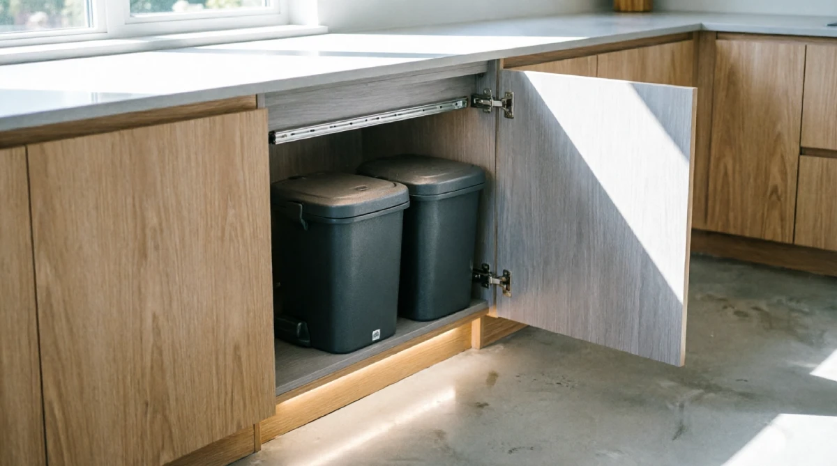 Modern kitchen pull-out cabinet with concealed recycling and waste bins
