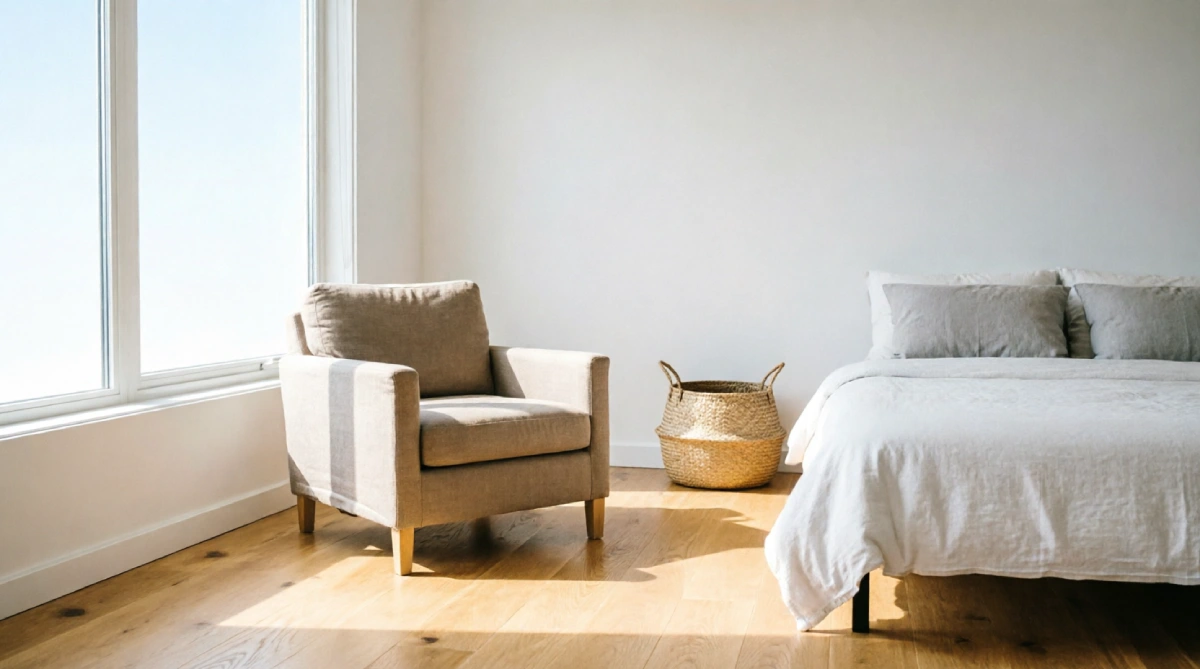 12 Summer Bedroom Layout Ideas That Improve Comfort - Bedroom - Homedecortoday Bedroom with hardwood floor exposed and seating on bare surface for summer cooling