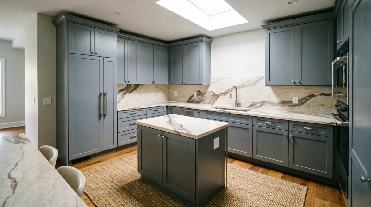 Cool greige kitchen cabinets reflecting summer heat
