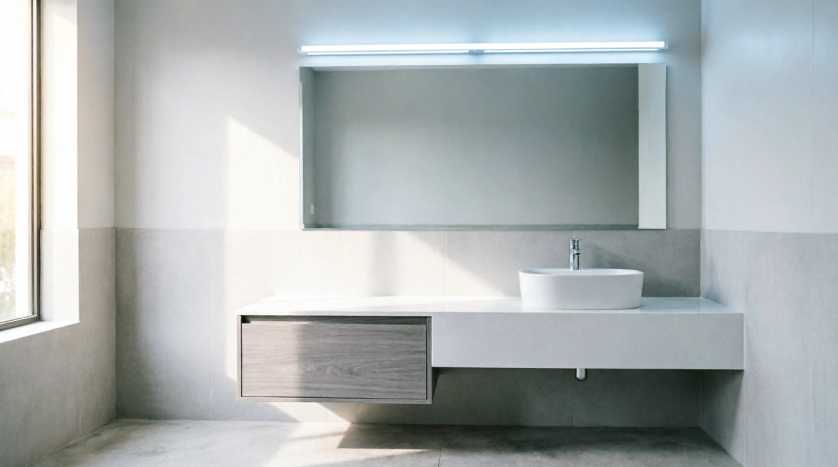 Cool white LED vanity lights creating fresh, bright bathroom atmosphere