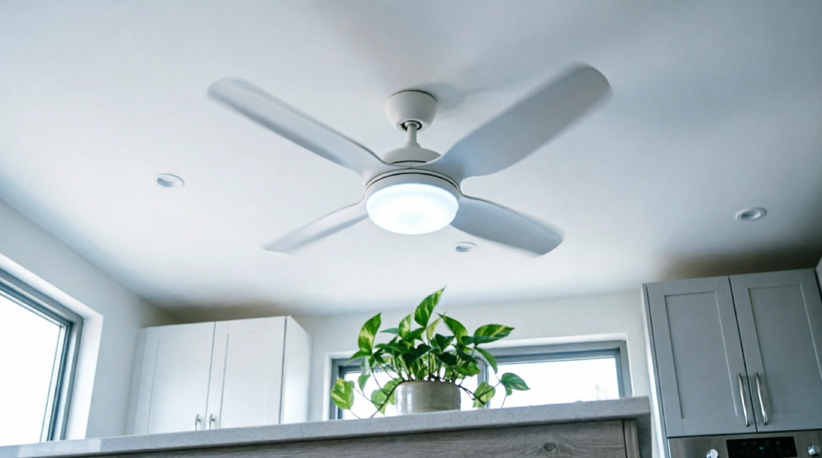 Flush-mount ceiling fan with cool-white LED light in a fresh summer kitchen