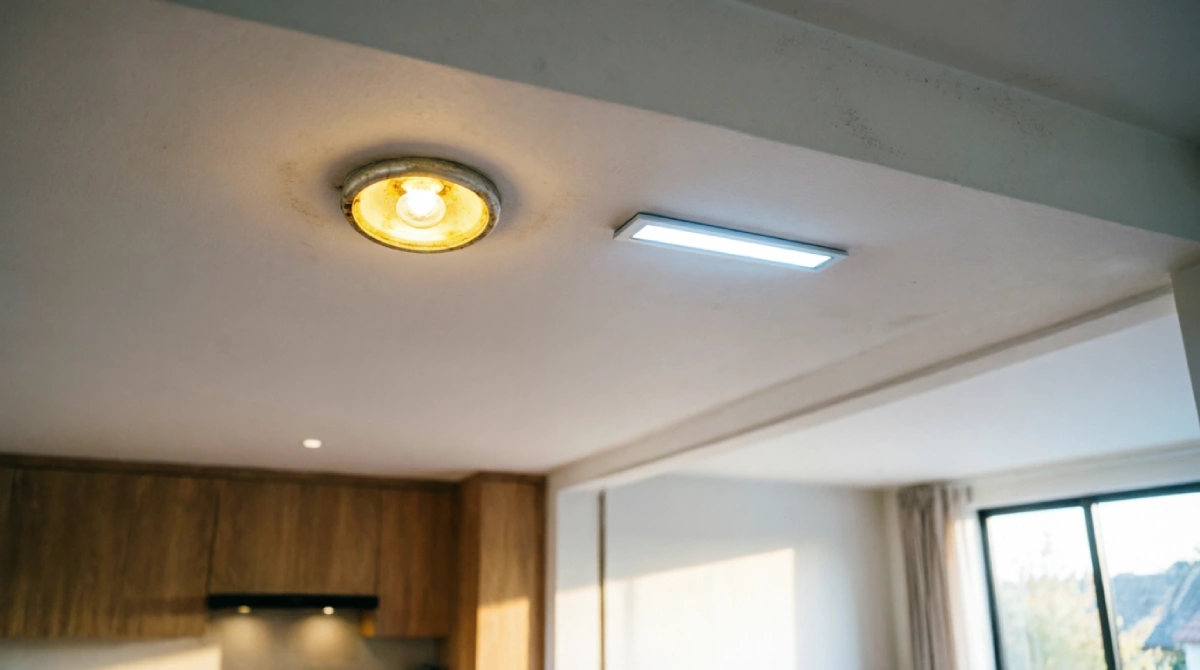Cool-white LED retrofit spot lights replacing old yellow halogen recessed lights