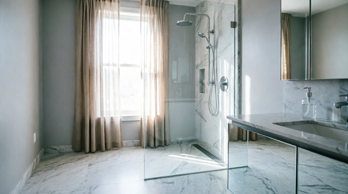 Honed marble bathroom tiles that feel cool in summer