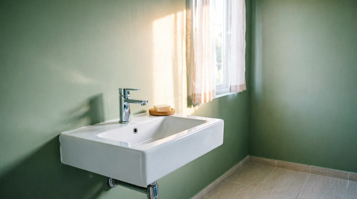 Pale sage green painted wall in a calm modern summer bathroom