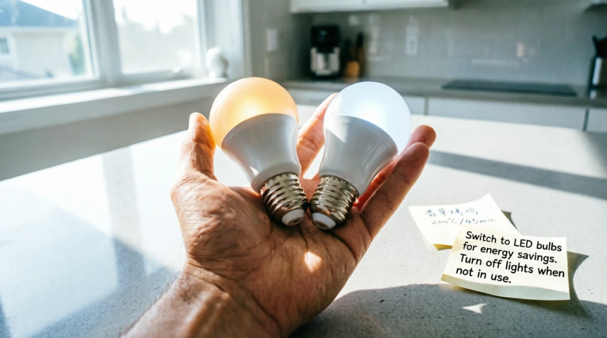 A hand comparing warm and cool-toned LED bulbs in a naturally lit summer kitchen