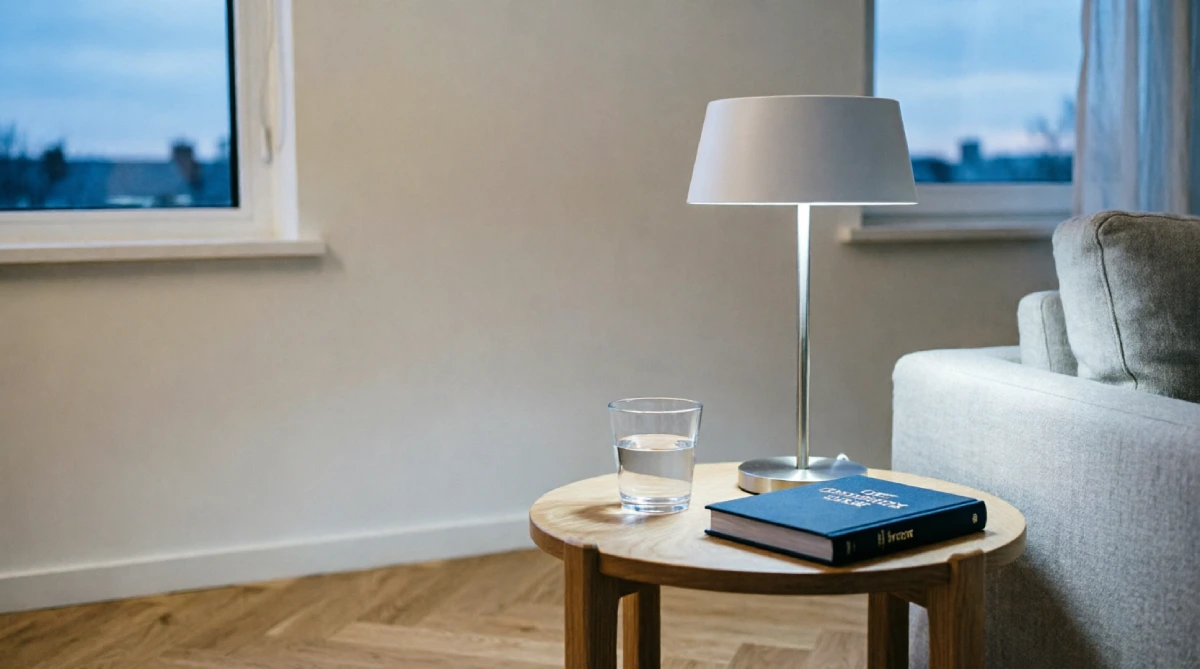 Table lamp with cool white LED bulb illuminating a summer living room corner
