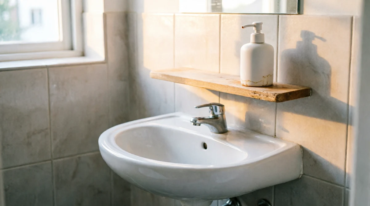 White corner sink mounted in a compact bathroom, maximizing floor space for a cooler summer flow