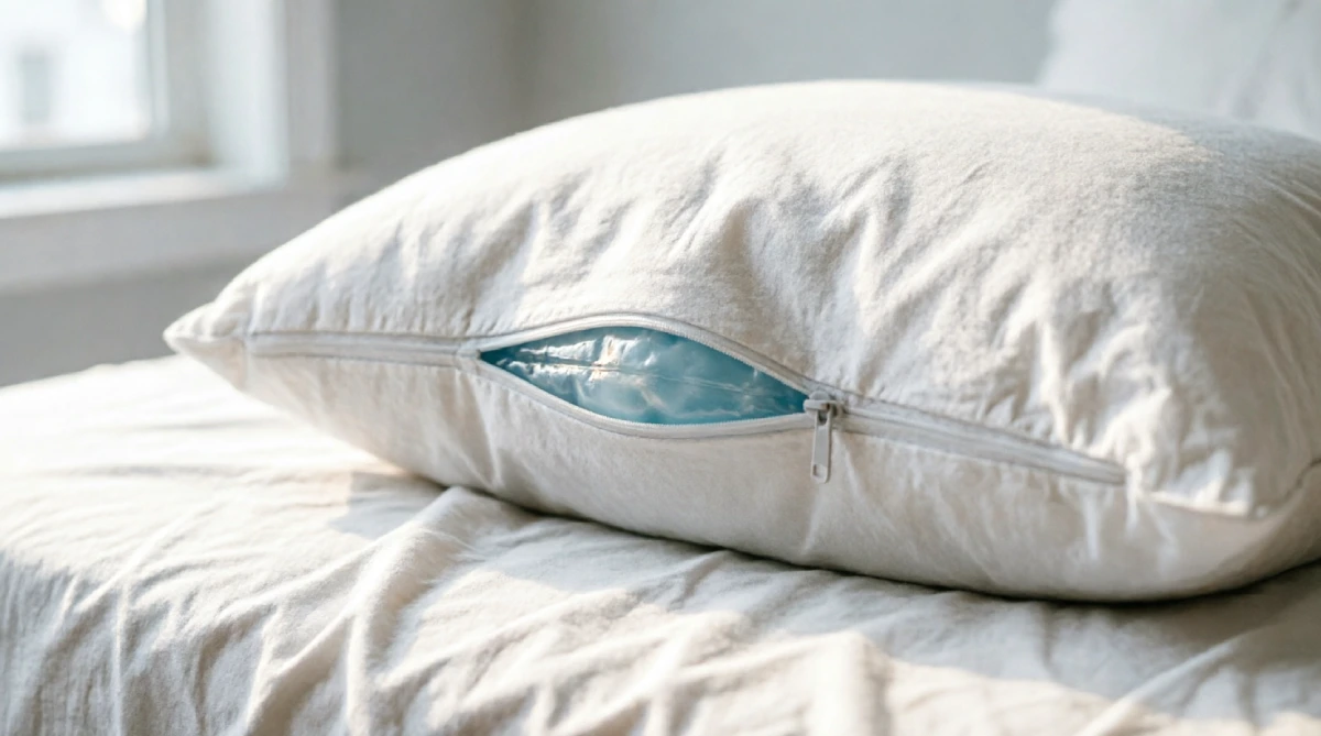 Cooling pillow with cotton cover in a cozy summer bedroom
