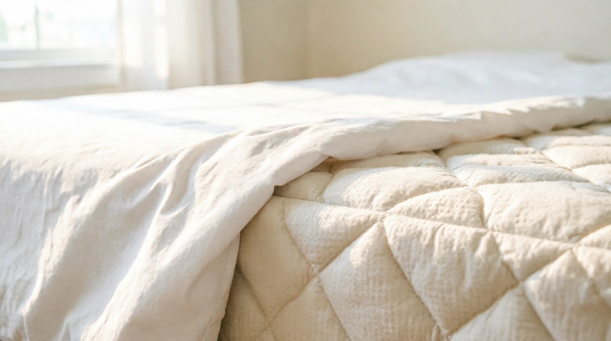 Cooling mattress topper on a bed in a cozy summer bedroom