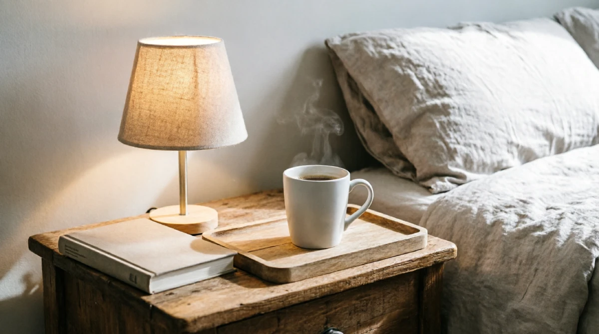 Tidy nightstand with lamp and book in a cozy summer bedroom