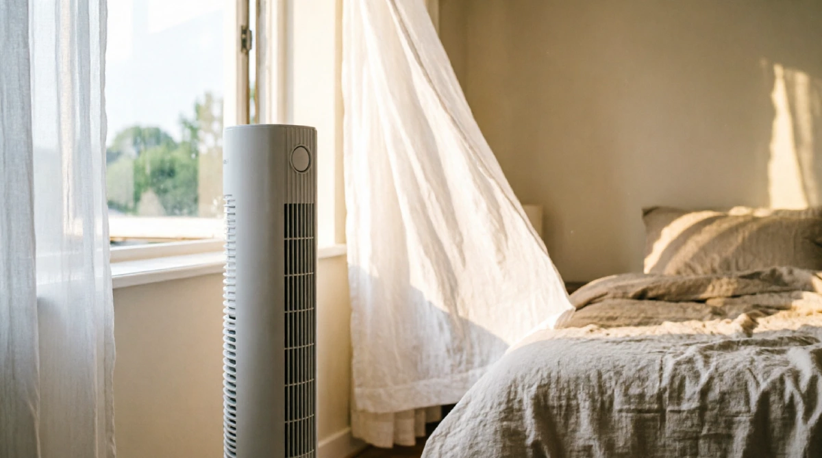 Tower fan near an open window in a cozy summer bedroom