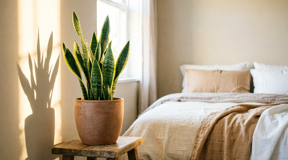 Snake plant in a ceramic pot in a cozy summer bedroom corner