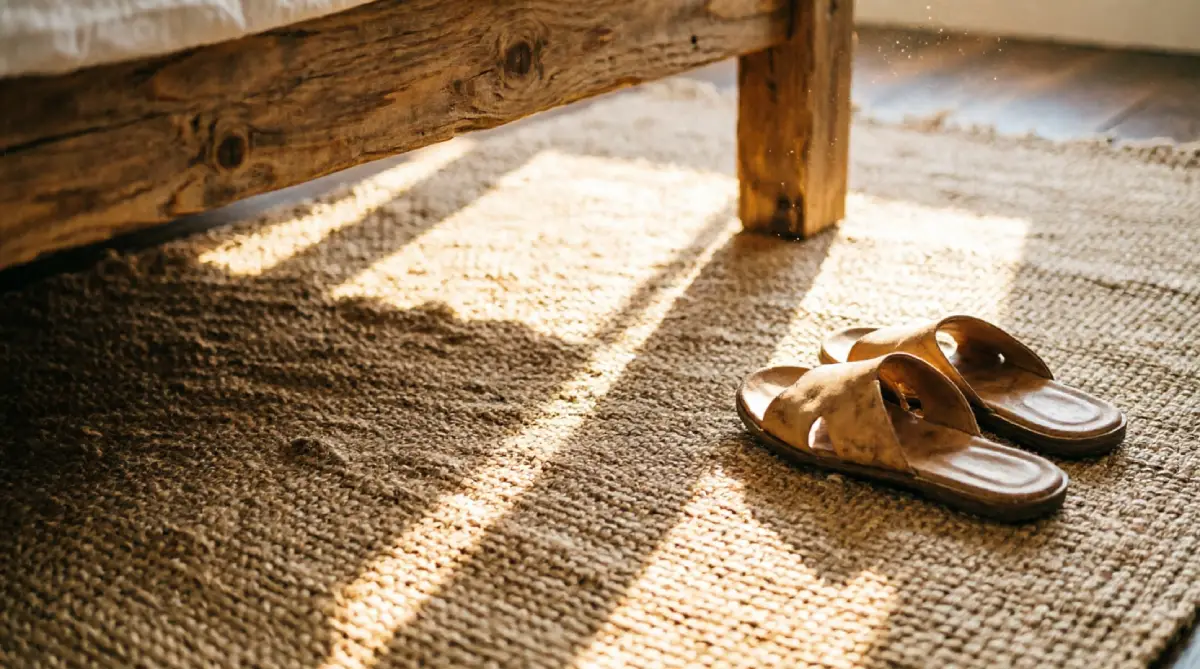 Natural jute rug beside a bed in a cozy summer bedroom