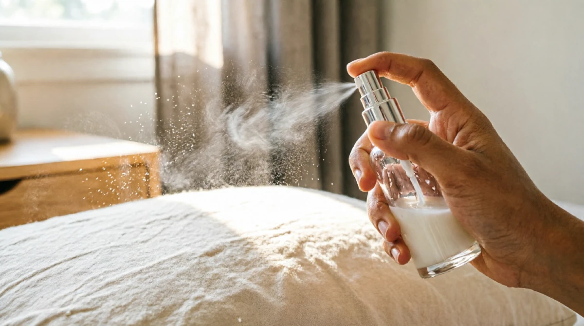 Lavender pillow mist being sprayed in a cozy summer bedroom