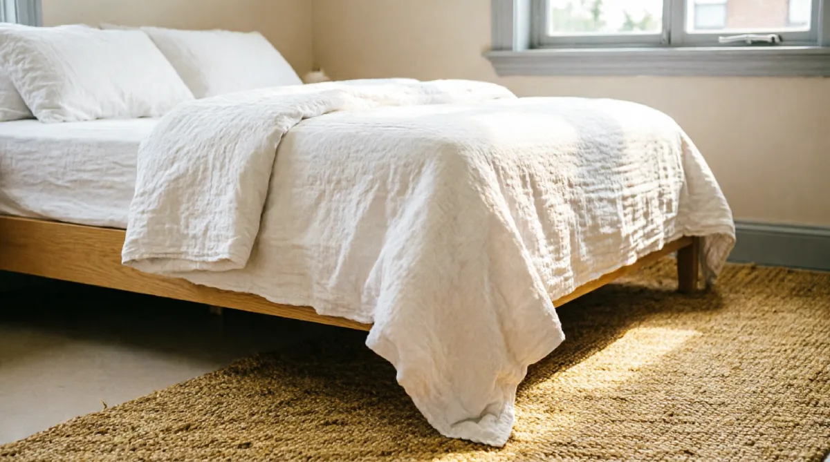 Lightweight cotton gauze quilt in a cozy summer bedroom with natural light