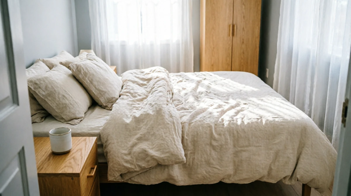 Cream linen bedding in a cozy summer bedroom with natural morning light