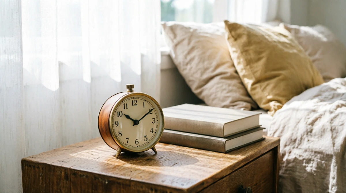 Analog clock on a nightstand in a cozy technology-free summer bedroom