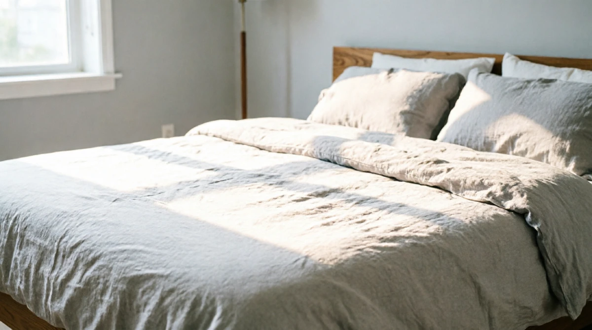 Crisp cotton percale sheets on a bed in a cozy summer bedroom
