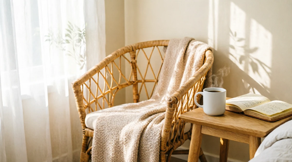Rattan chair and small table in a cozy summer bedroom reading corner