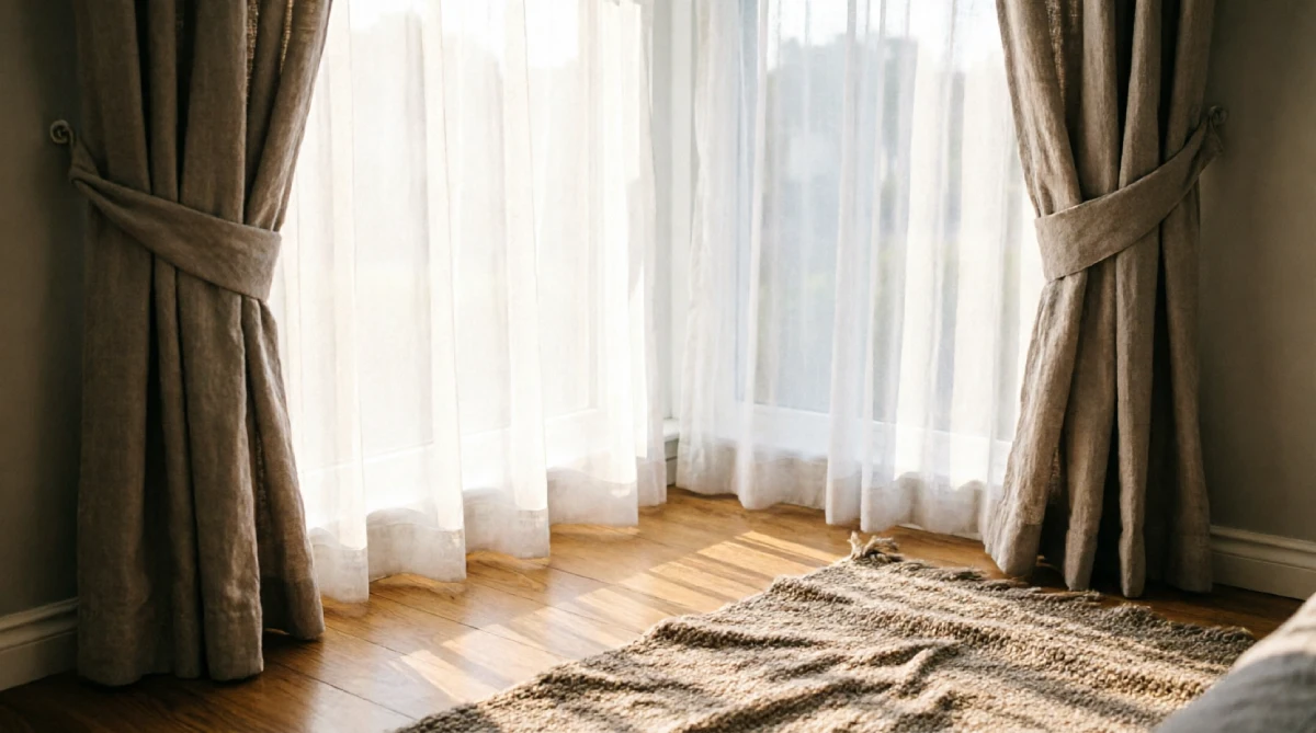 Sheer and blackout curtains layered in a cozy summer bedroom