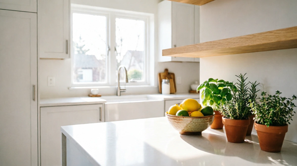 White kitchen with matte cabinets reflecting summer sunlight
