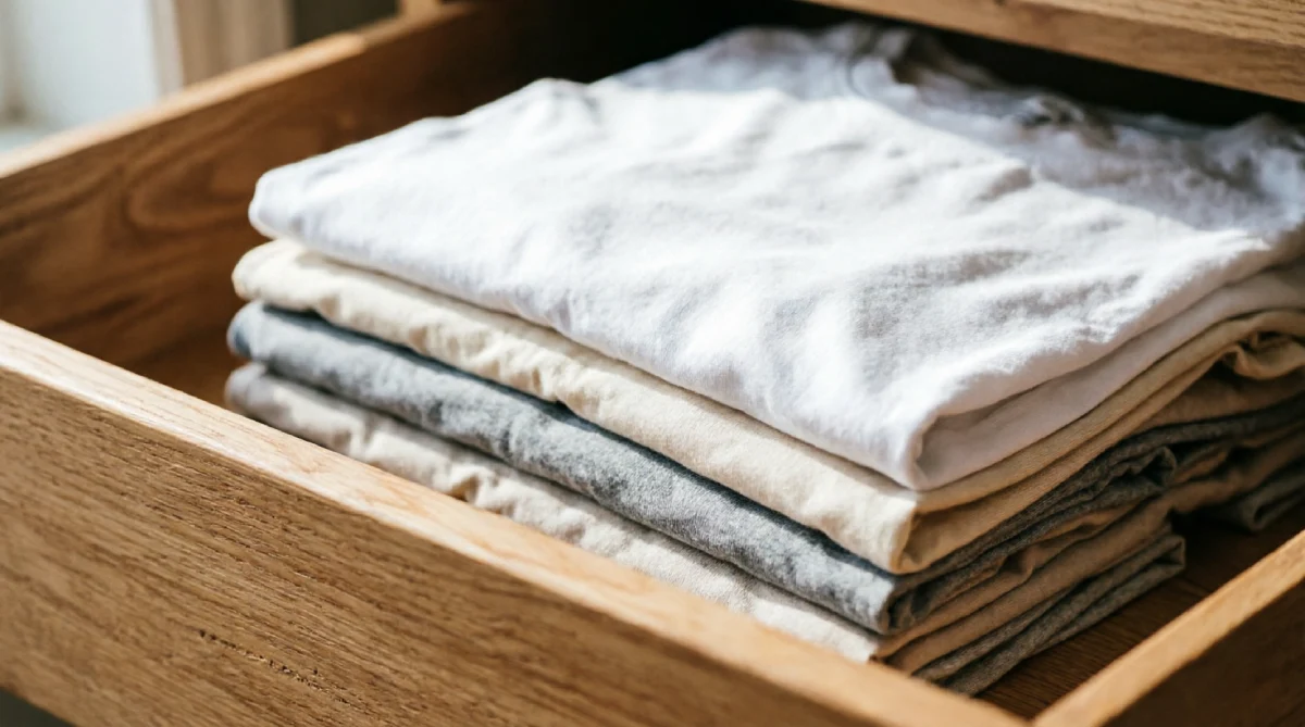 Neatly folded summer tops in a decluttered dresser drawer