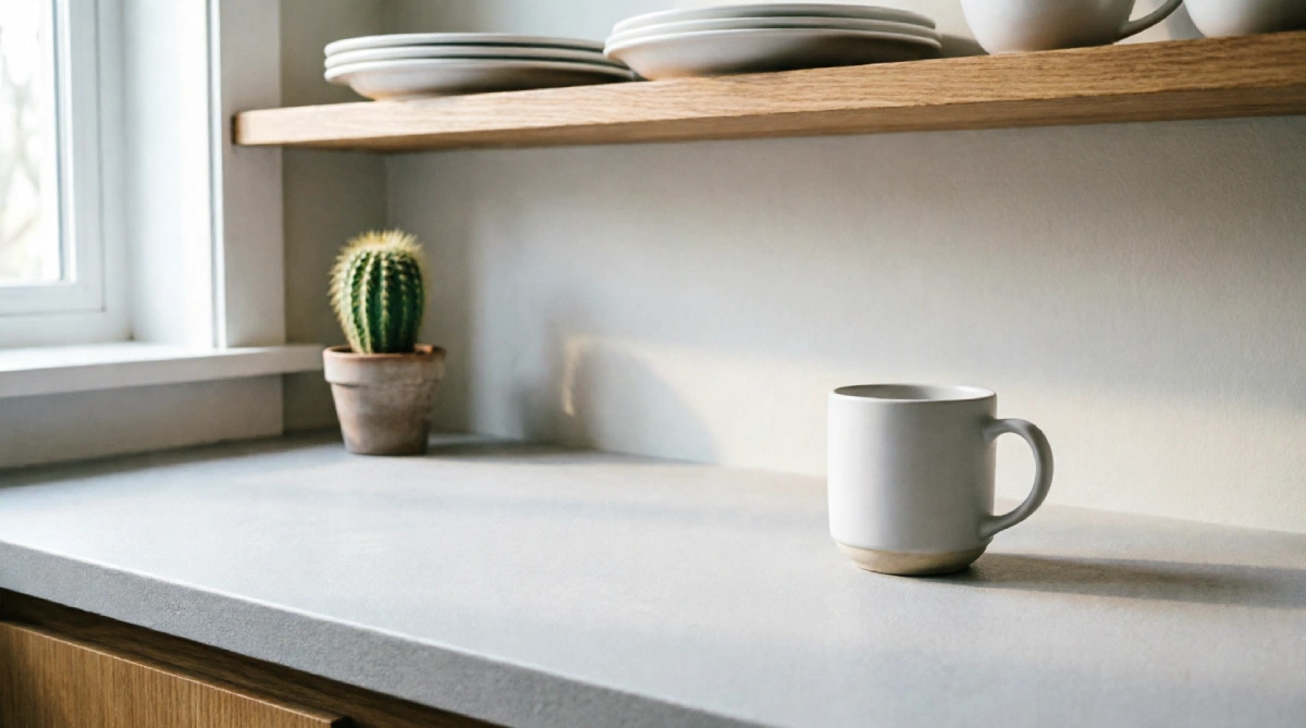Open shelving and clear counters enhancing airflow in a budget summer kitchen