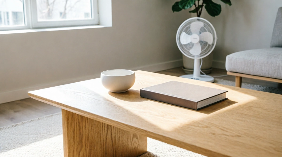 Clean and minimal coffee table with few items in a sunlit summer living room